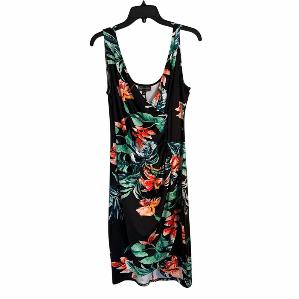 Bold Elements Women’s Medium Black Tropical Floral Ruched Midi Dress